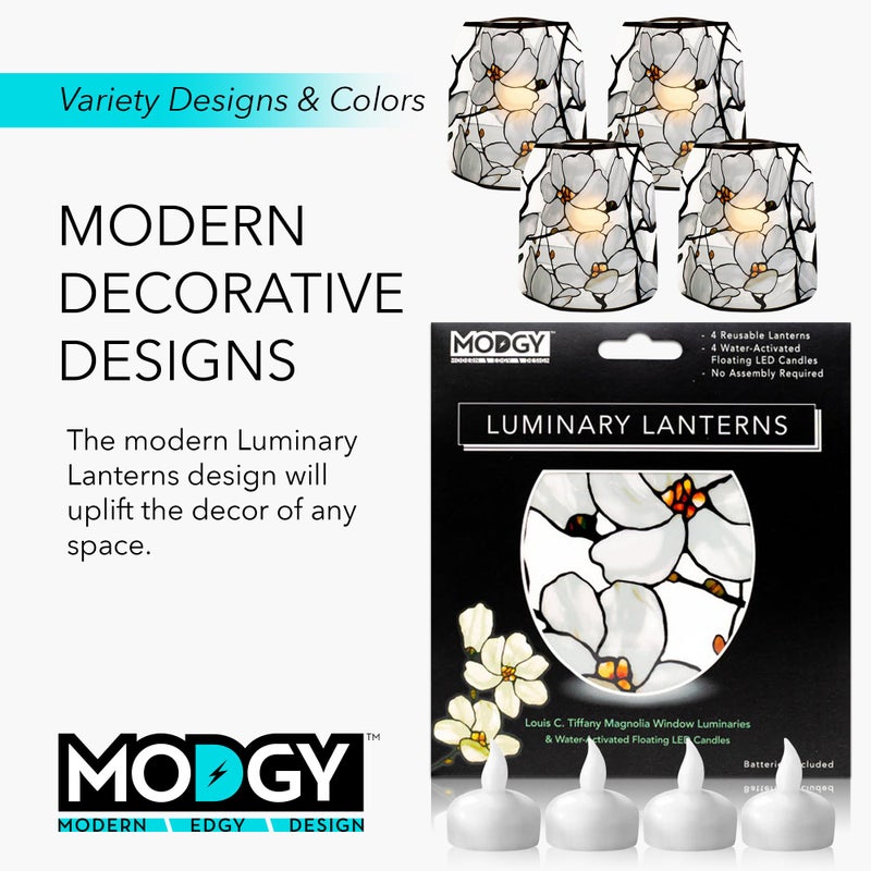 MODGY Luminary Lanterns 4-Pack - Floating LED Candles with Batteries Included - Luminaries are Great for Weddings, Parties, Patios & Celebrations of All Kinds (Louis C. Tiffany Magnolia Window) - Image 5